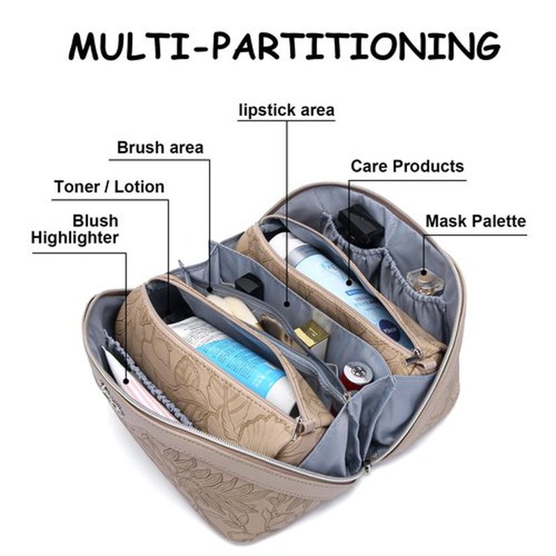Travel Makeup Bags Cosmetic Organizer Bag: 3-Set Large Capacity Make up Bag - PU Leather Toiletry Bag for Women - Wide Open Portable Pouch with Divider & Handle (02-Light Brown)