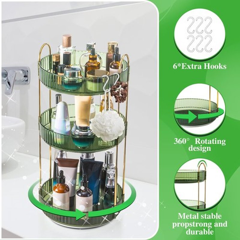 Megapuxin Makeup Organizer for Vanity,360° Rotating Lazy Susan Organizer Large Skincare Make Up Storage Cosmetic Dresser Organizer Countertop Organizer with Extra Hooks DIY Stickers for Bathroom