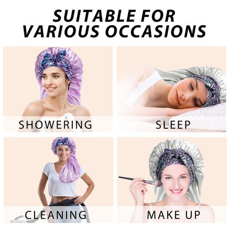 2Pack Bonnets for Black Women Braid Bonnet, Large Long Bonnet Satin Bonnet for Braids,Black Women Silk Bonnet with Stretchy Tie Band Braid Bonnet for Sleeping Extra Long (Green&Light Purple Pattern)