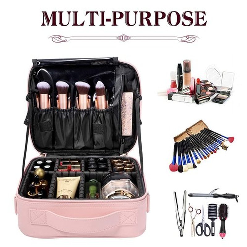 gzcz Makeup Bag Organizer 10.2'' Travel Makeup Train Case Cosmetic Brush Organizer Portable Artist Storage bag with Adjustable Dividers and shoulder strap for Make up Accessories (Cute Pink)