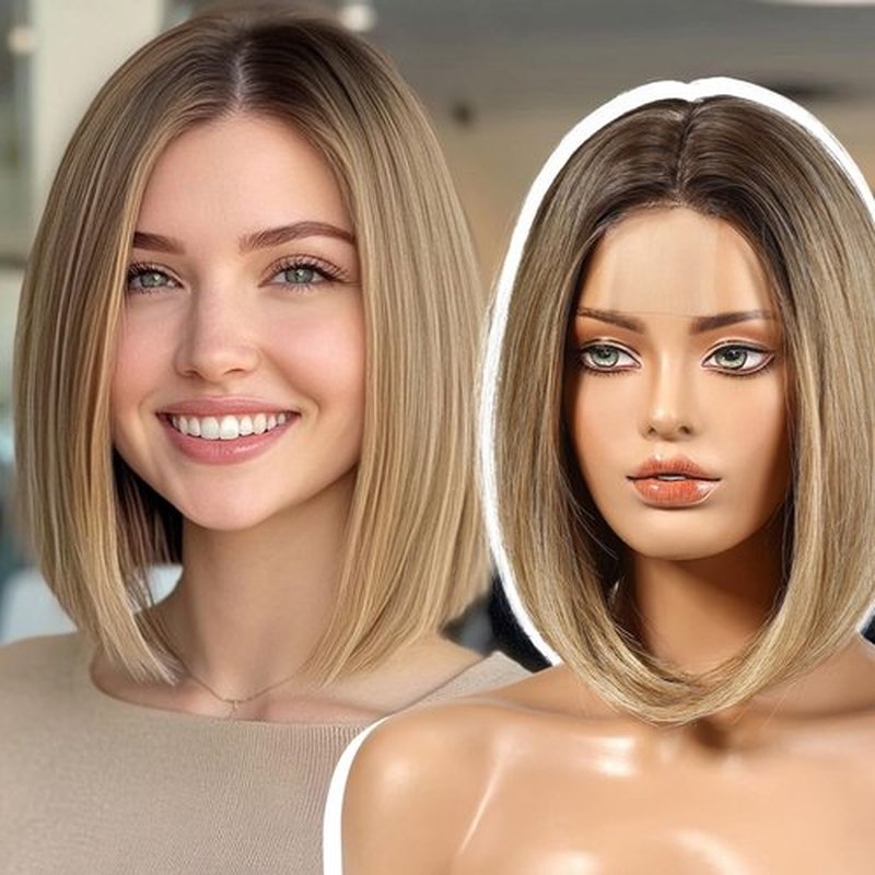 EMMOR Short Bob Wigs,Natural Shoulder Length Central Lace Bob Wgs, Premium Heat-Resistant Synthetic Straight Wigs for Women Daily Use(Ombre Ash Blonde with Brown Highlight)