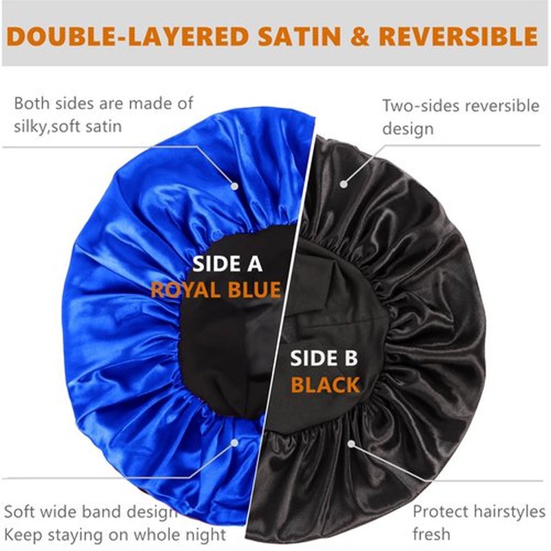 Bonnet for Men,Hair Bonnet for Sleeping,Double Layer Satin Bonnets for Black Women Curly Hair Braids,Reversible Sleep Cap (Large,Black/Royal Blue)