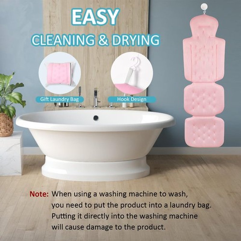 Luxury Full Body Bath Pillow for Bathtub, Bath Pillows for Tub with Mesh Laundry Bag & Non-Slip Suction Cups, Cushion for Bathtub Headrest Neck Back Support - 5D Air Mesh & Quick Drying | Pink