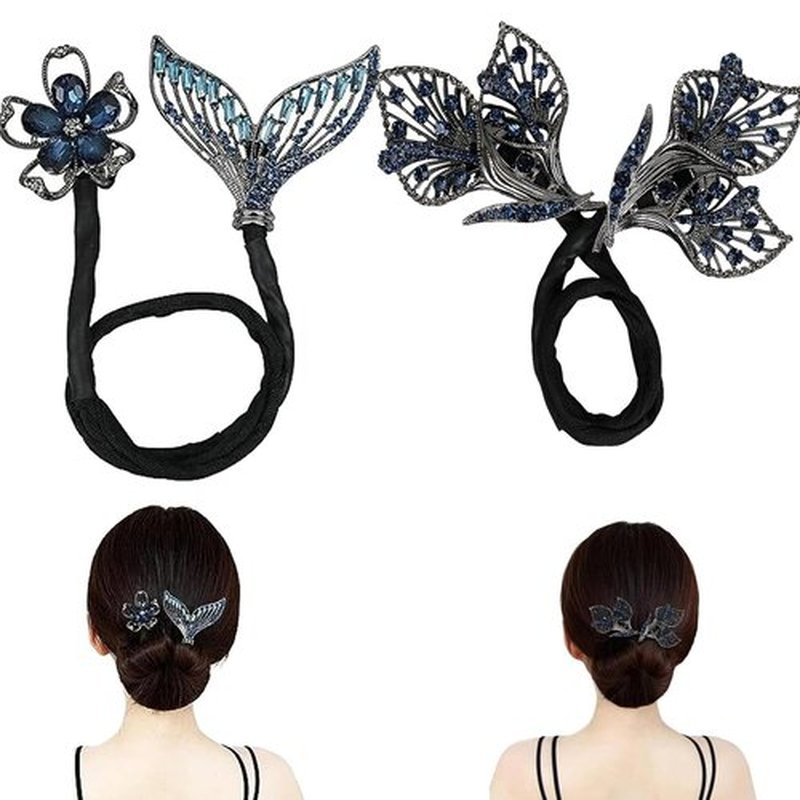Ins Style Elegant Lazy Hair Curler, French Twist Hair Bun Maker, Lazy Flower Hairpin,Rhinestone Hand-Embroidered Flower Hair Accessory (2Pcs-Black Fish Tail+Flower)