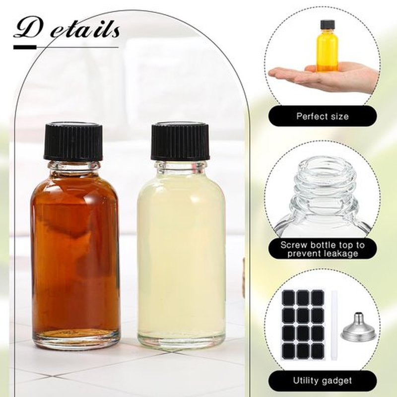 Hsei 72 Pcs 1 oz Glass Bottle with Black Cap Clear Sample Boston Round Bottle Small Glass Containers with Lids 1 Ounce Bottles with Funnel Chalk Labels Pen for Vanilla Extract Essential Oils
