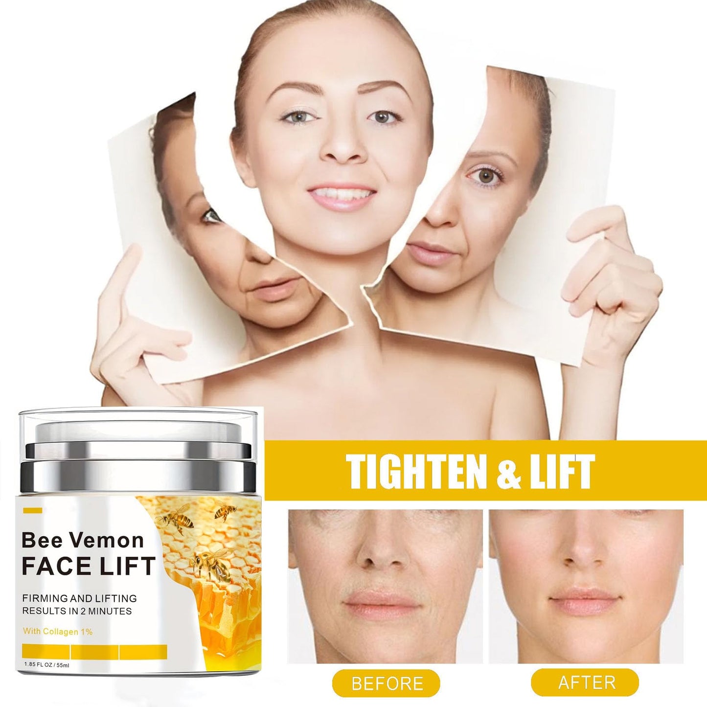 Krmspe Bee Venom Cream, Bee Venom Face Lift Cream for Firming Moisturizing Lifting & Recovery, Anti-Aging Moisturizer with Collagen for All Skin Type 1.85 FL.OZ