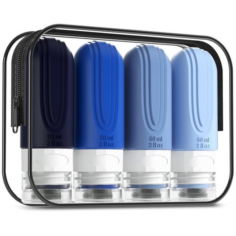 Mrsdry Travel Bottles for Toiletries, Tsa Approved 2oz Travel size Bottles, BPA Free Leak Proof Travel Toiletry Containers, Refillable Travel Accessories with Toiletry Bag for Shampoo Liquid (4 Pack)
