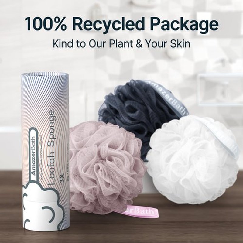 AmazerBath Loofah Sponge 60g/PCS, Shower Loofah for Men and Women - Body Scrubber Loofa Set of 3, Bath Sponge - Grey Blue-Pink-White