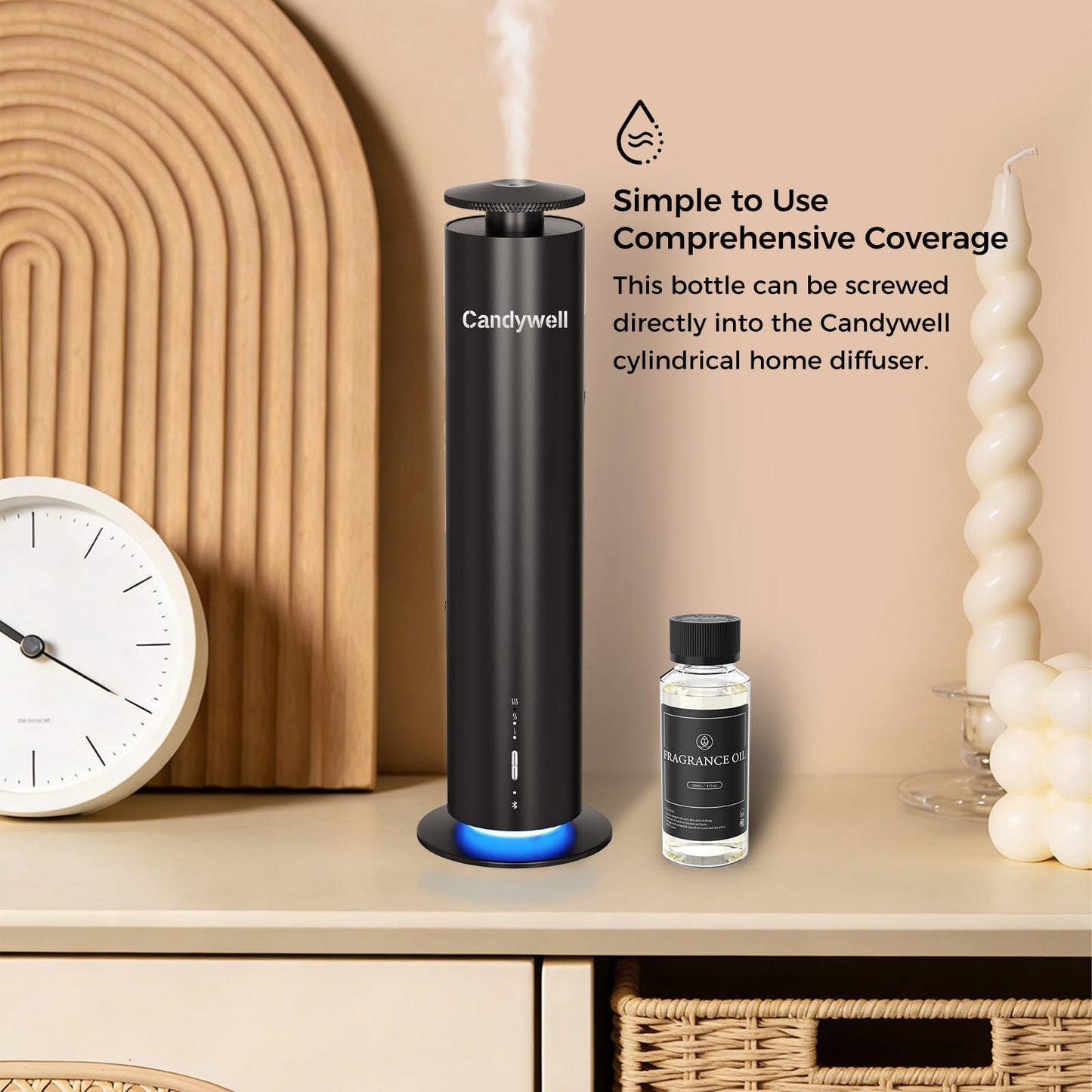 Candywell Hotel Diffuser Oil for Waterless Diffusers, Luxurious Relaxing Aromatherapy Scent Essential Oil with Cardamom, Cedar & Sandalwood, 4 Fl Oz, 120 ML, Santal Peace