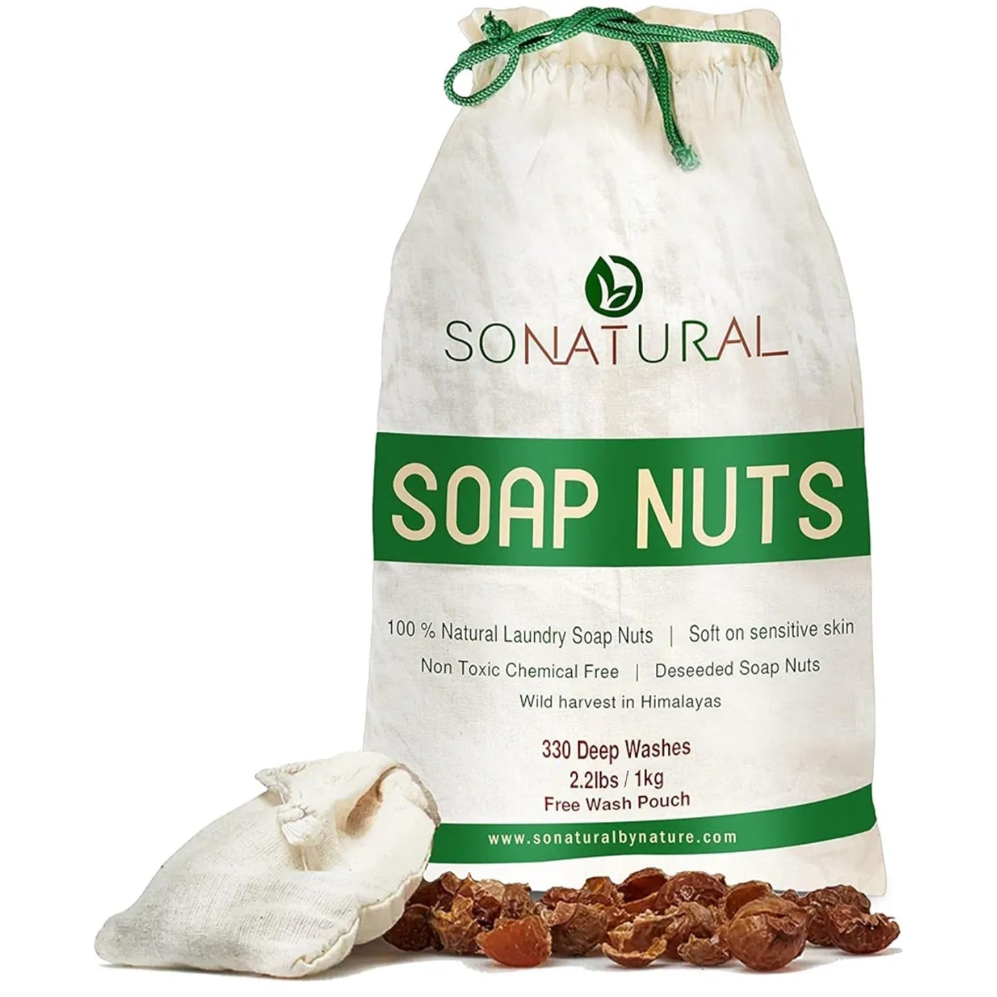 SoNatural Organic Soap Nuts Wash Bag Included - Deseeded Soap Berries | Hypoallergenic Laundry Detergent for Sensitive Skin & Baby Clothes| Fragrance & Sulfate-Free Shampoo (1kg / 35.2 oz)