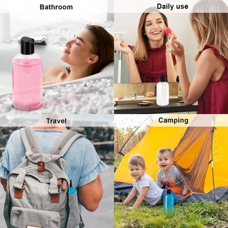 6 Pack 8 oz Empty Plastic Bottles with Black Disc Caps Reusable Clear Leak-Proof Travel Squeeze Containers for Shampoo Conditioner Toiletries Liquid Soap