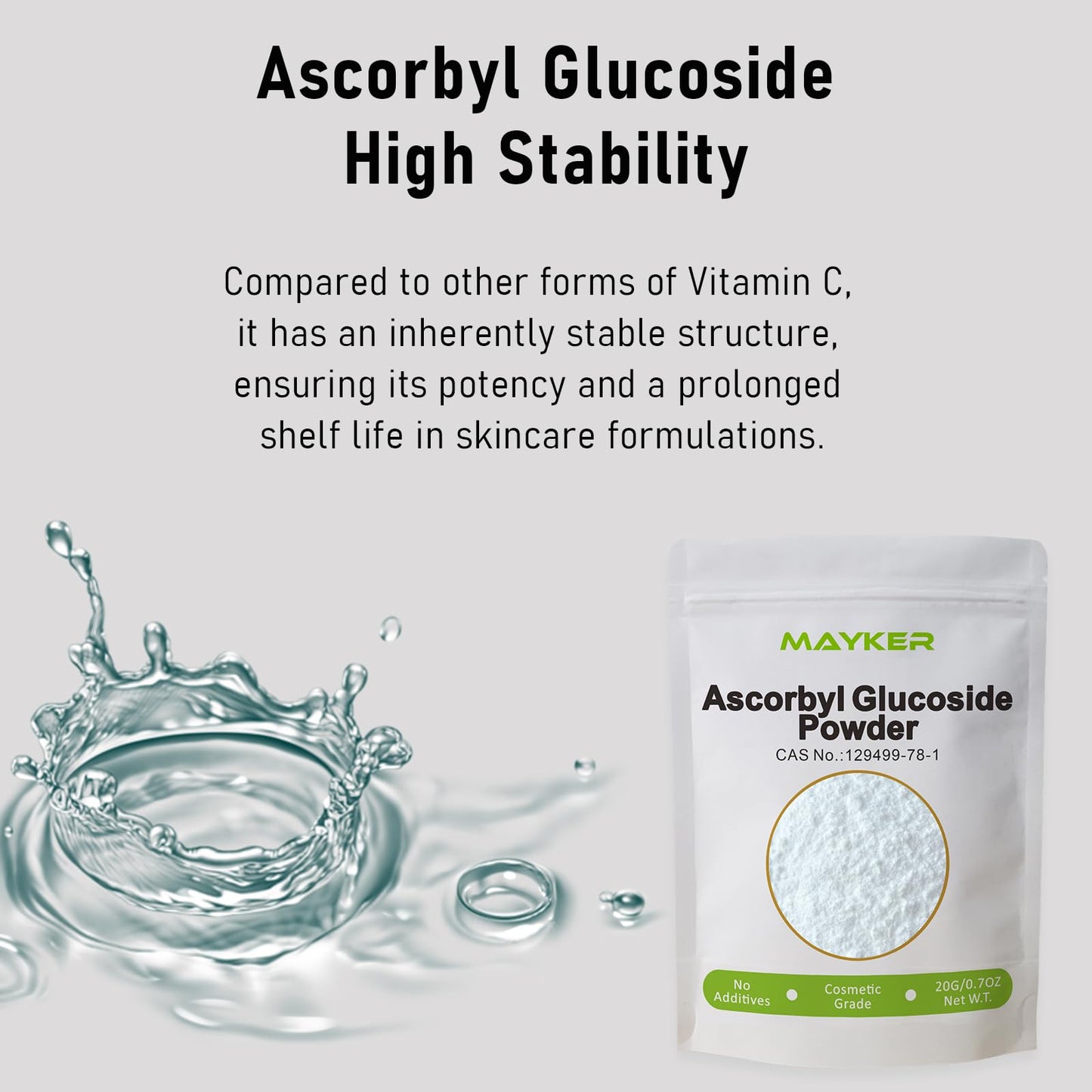 MAYKER Ascorbyl Glucoside Powder 0.7oz, Cosmetic Grade, High Purity Vitamin C Derivative for DIY Ascorbyl Glucoside Serums, Fine, Easy to Use Cosmetic Raw Material