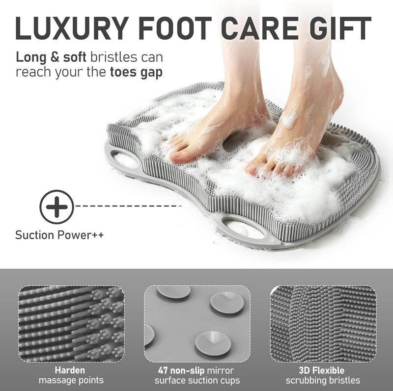 Shower Foot Scrubber Mat - XL Silicone Massage Cleaner with Non-Slip Suction Cups | 17.4x13 Grey