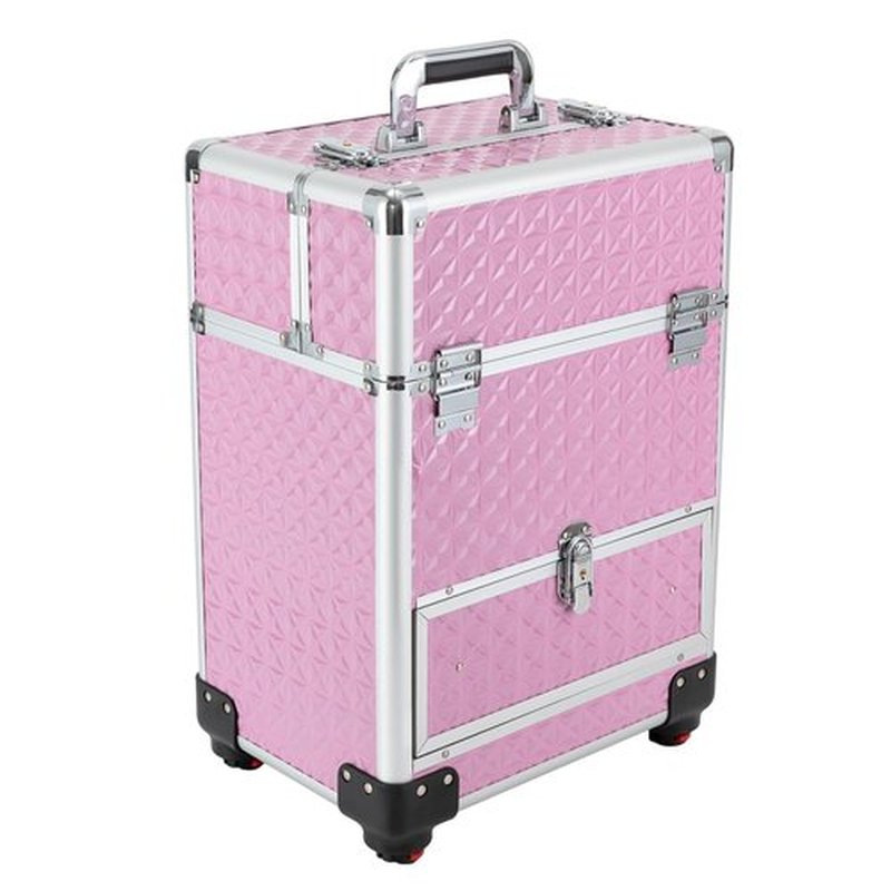 Rolling Makeup Train Case Cosmetic Box Portable Makeup Case Organizer with 7 Compartments and a Drawer Makeup Storage with Lock for Cosmetologist Aesthetic Supplies Traveling Makeup Box, Pink