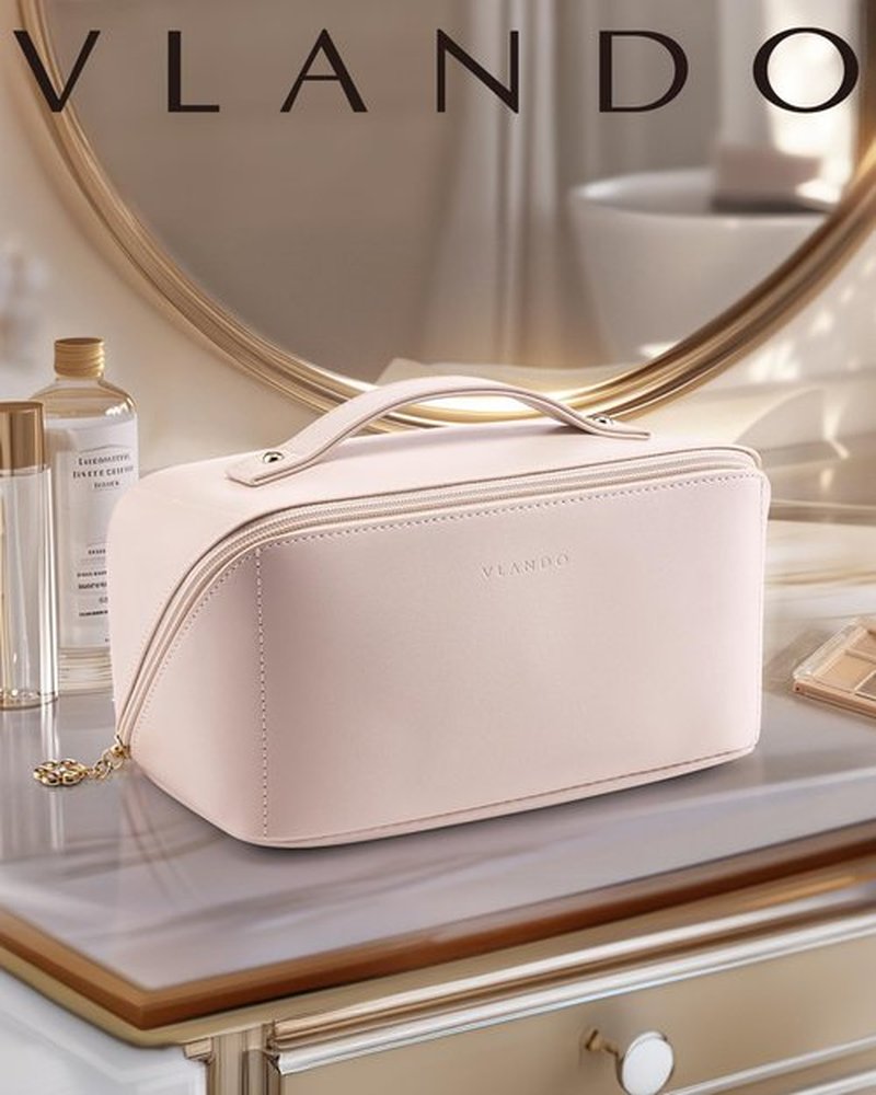 Vlando Makeup Travel Bag, PU Leather Portable Make up Organizer Bag Open Flat Toiletry Bag with Handle and Divider Gifts for Traveler Women Girls Apricot White