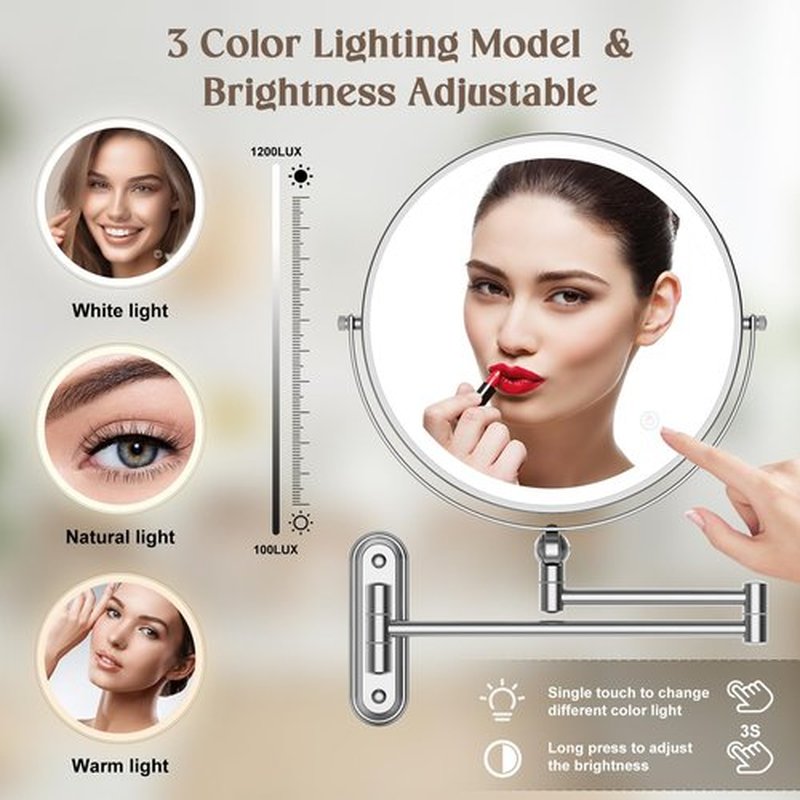 9" Wall Mounted Makeup Lighted Mirror, 4000mAh Rechargeable Double Sided LED Vanity Mirror with Height Adjustable&1X/10X Magnification, 3 Color Lights Bathroom Mirror