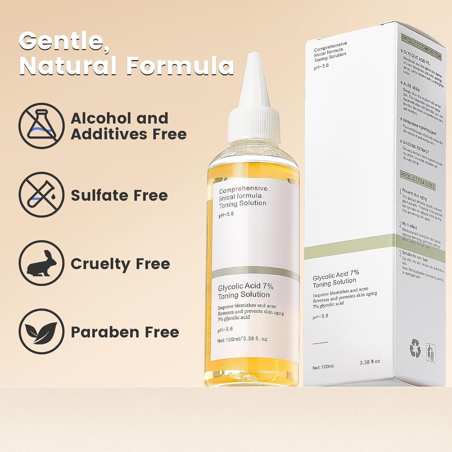 7% Glycolic Acid Exfoliating Toner, Gentle Exfoliating Toner, Smooth Skin, Restores Skin Vitality and Refreshing, Hydrating Formula, Pore Minimizer- 100ml/ 3.38 fl.oz.