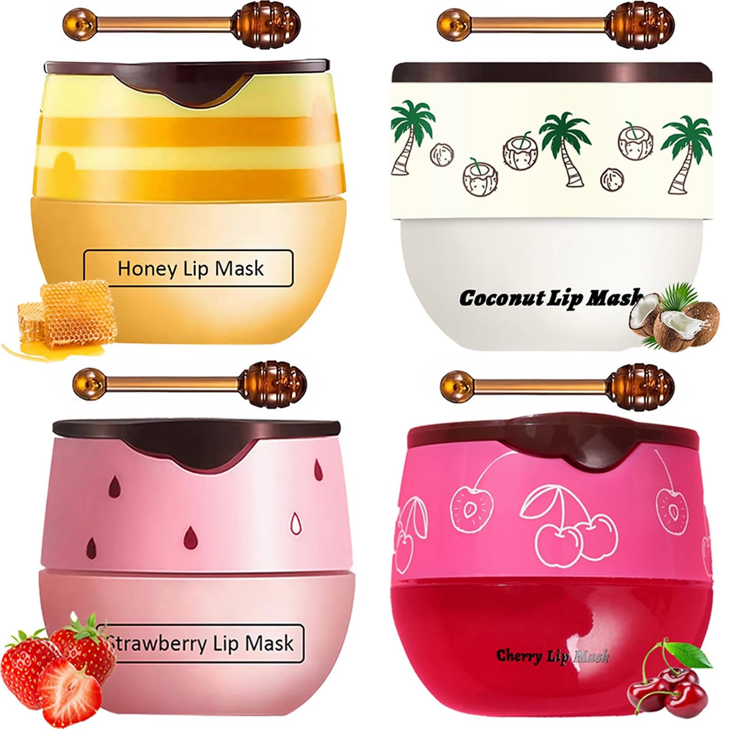 TIRDET 4 PCS Bee Lip Balm Honey Pot, Honey Strawberry Cherry Coconut Sleeping Lip Mask Overnight with Sticks, Exfoliating Prevention Dry and Crack Lip Scrubs