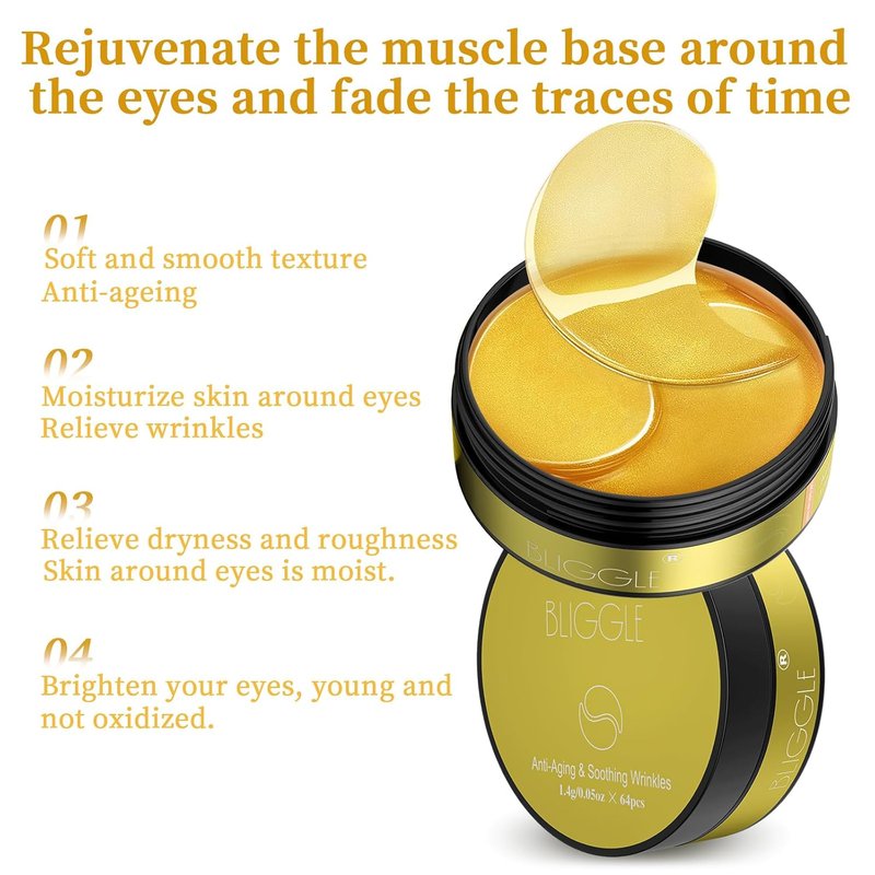 24K Gold Eye Mask - Under Eye Patches with Hyaluronic Acid | 64 Pcs for Dark Circles, Puffiness & Wrinkle Reduction