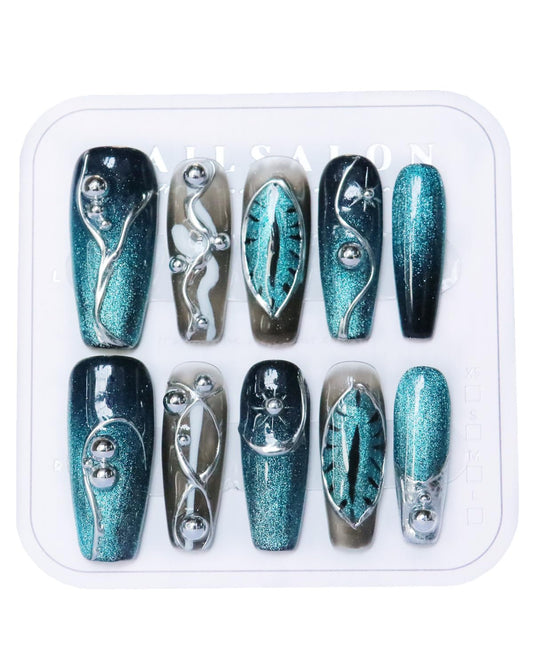 CAMILCY Press on Nails Handmade Nails Luxury Reusable Fake Nails For Girls Long Coffin Armor Blue Silver Diamond Hand Painted Salon Loveful DesignAcrylic Gel UV Finished For Women 3D Nails 10PCS L