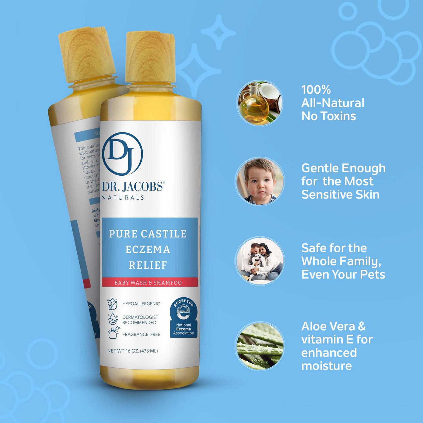 Dr. Jacobs Pure Castile Baby Wash - Effective Body Wash to Relieve Baby Eczema - Gentle Shampoo and Unscented Soap for Sensitive Skin, and Hypoallergenic - 16 oz -2PK