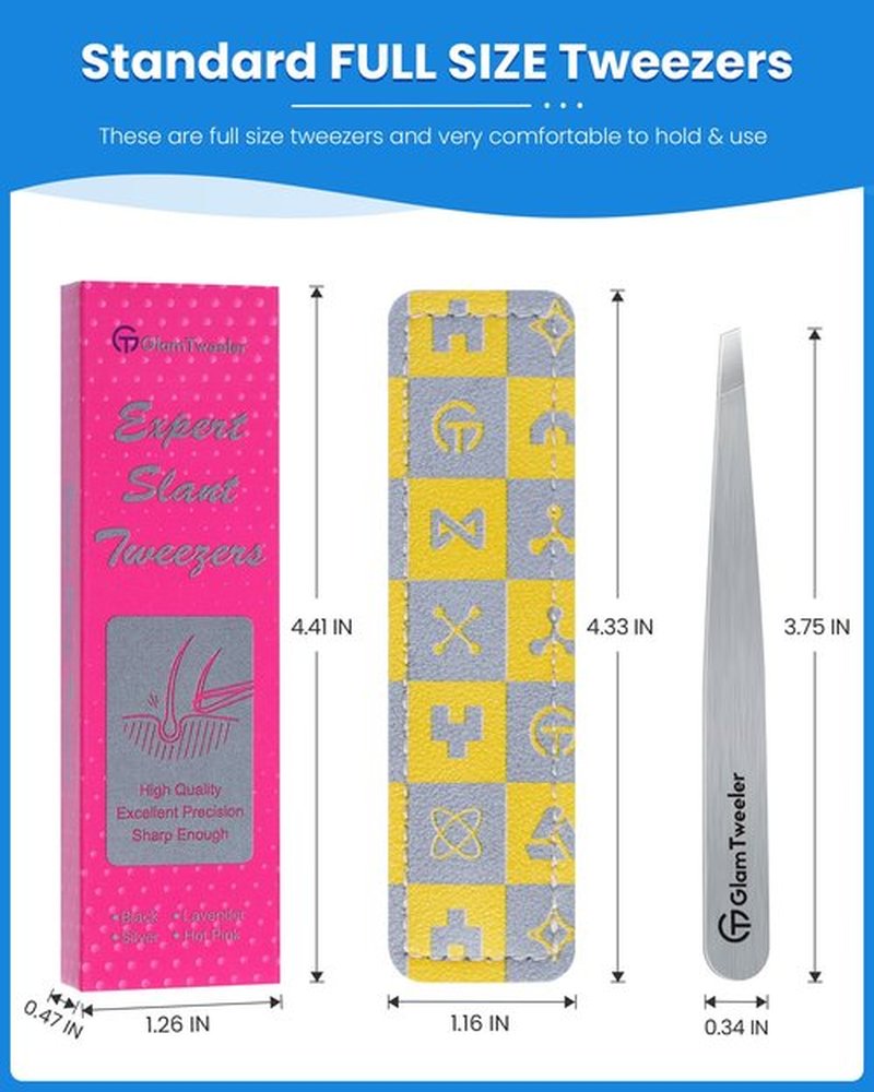 Expert Slant Tip Tweezers with Leather Case, GlamTweeler Sharp & Precision Stainless Steel Tweezer for Eyebrows, Facial Hair and Fine Hairs Removal (Silver)