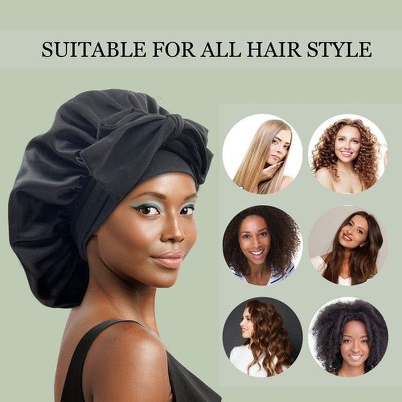 Satin Bonnet Silk Bonnet Hair Bonnet for Sleeping Large Bonnets with Tie Band Hair Wrap with Adjustable Straps Hair Cap Night Sleep Caps for Women Curly Braid Hair(Black,Black)