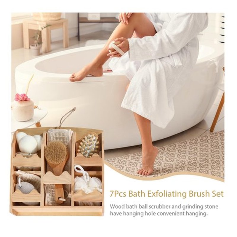 7Pcs Bath Exfoliating Brush Set in Round Wooden Box Hair Brush, Wood Roller Massager Scrubber Stone Shower Brush Nylon Glove with Storage Basin, Shower Spa Basket Gift Set for Women Men (Wood)
