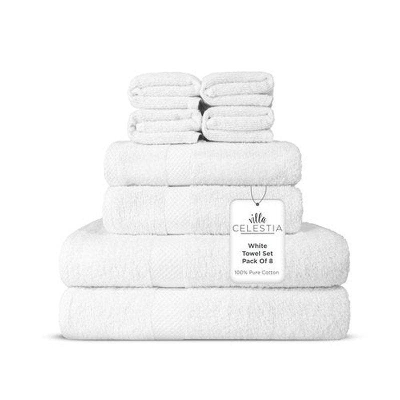 100% Combed Cotton Bathroom Towel Set of 8- 2 Bath Towels, 2 Hand Towels, 4 Wash Cloths, Sustainable, Soft, Highly Absorbent 8 Piece Cotton Bath Towel Set Ideal for Hotels, Spa, Bathroom, Dorm, White
