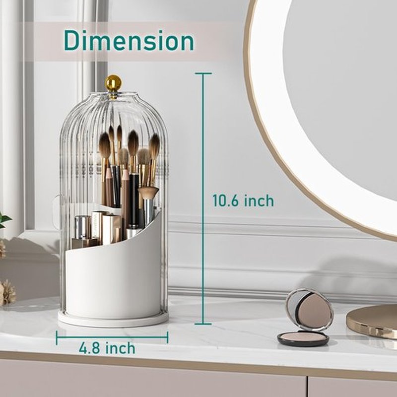 GAXmi Makeup Brush Holder with Lid Cosmetic Tools Organizer 360 Rotating Waterproof Dustproof Makeup Brushes Storage for Vanity, Transparent