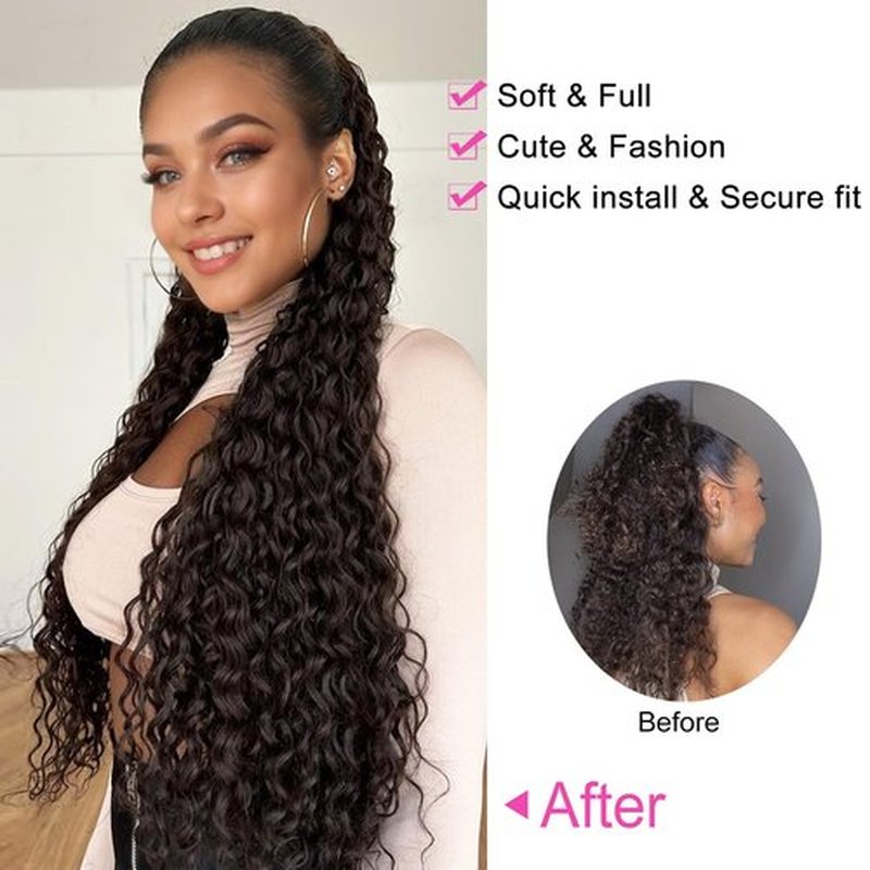 QGZ Curly Ponytail Extension,Drawstring Ponytail for Black Women 30 Inch Synthetic Long Curly Wavy Clip in Pony Tails Hair Extensions for Daily Use(Black Brown)