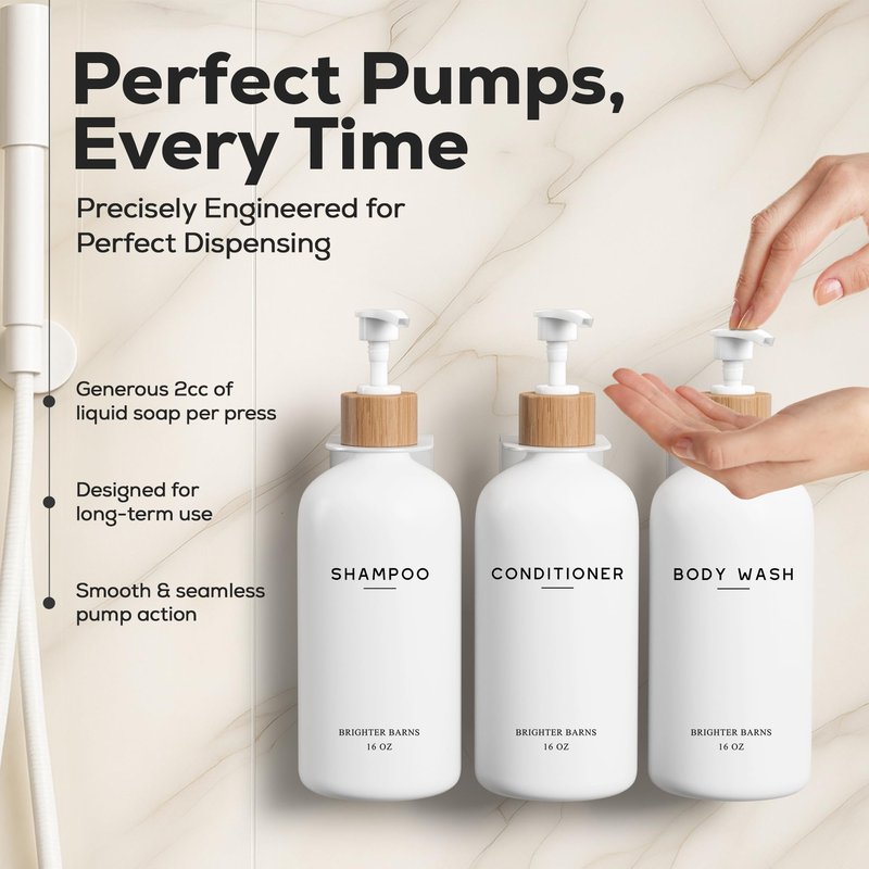 White Shampoo and Conditioner Dispenser Set Wall Mounted by Brighter Barns - Shower Dispenser 3 Chamber No Drill - Refillable Shampoo and Conditioner Bottles for Shower Wall in Airbnb, Hotel (White)