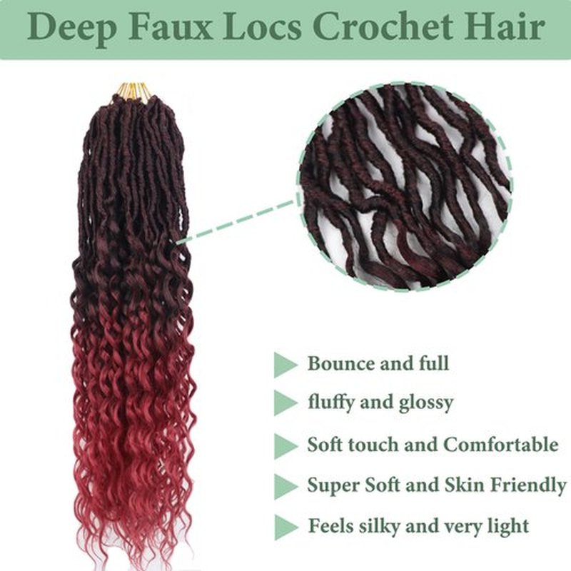 Deep Faux Locs Crochet Hair 14 Inch 8 Packs Pre Looped Deep Wave Crochet Braids Soft Locs Crochet Hair with Curly Ends Goddess Locs Crochet Hair Extensions(Black mixed Burgundy)