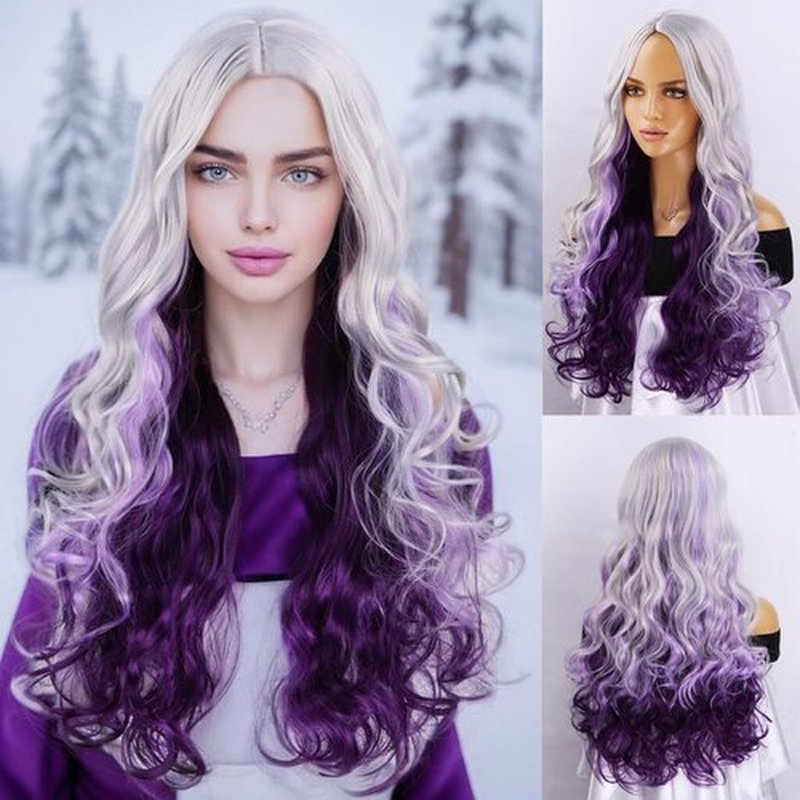 RightOn Silver Grey to Purple Wig Long Curly Wig Silver Mix Purple Wigs Long Wavy Wig Natural Looking Synthetic Wig Cosplay Wig for Women Wig Cap Include
