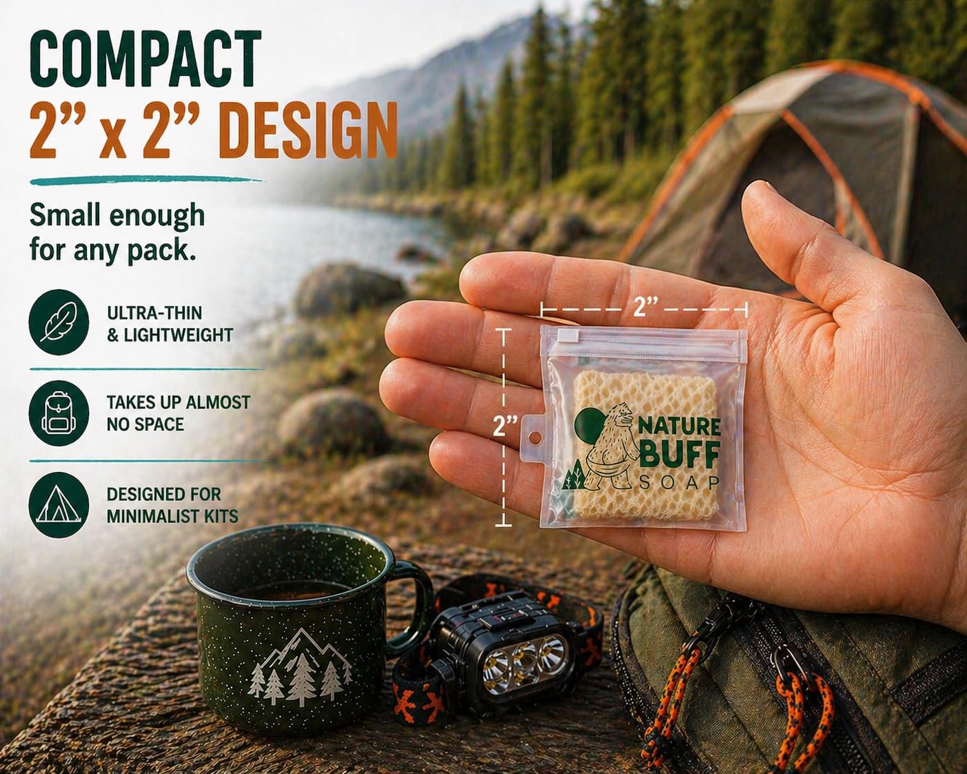 Nature Buff Camping 2-Pack Biodegradable 2 x 2 Inch Soap Unscented Travel-Sized Soap Bars -All-In-One Backpacking Essentials Outdoor Recreation Soap Bar and Washcloth
