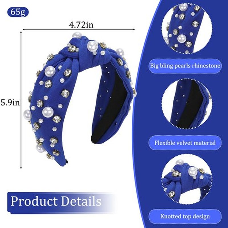 Mdscve Royal Blue Head Bands for Women's Hair Knotted Headband With Pearl Rhinestone Hair Bands for Women's Hair Non Slip Wide Top Girls Headbands Crystal Beaded Headwear Accessories