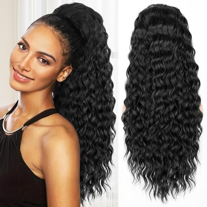 ALXNAN Wavy Curly Ponytail Extension, Long Soft 22" Black Drawstring Ponytail for Black Women Natural Synthetic Hairpiece Thick For Daily Use