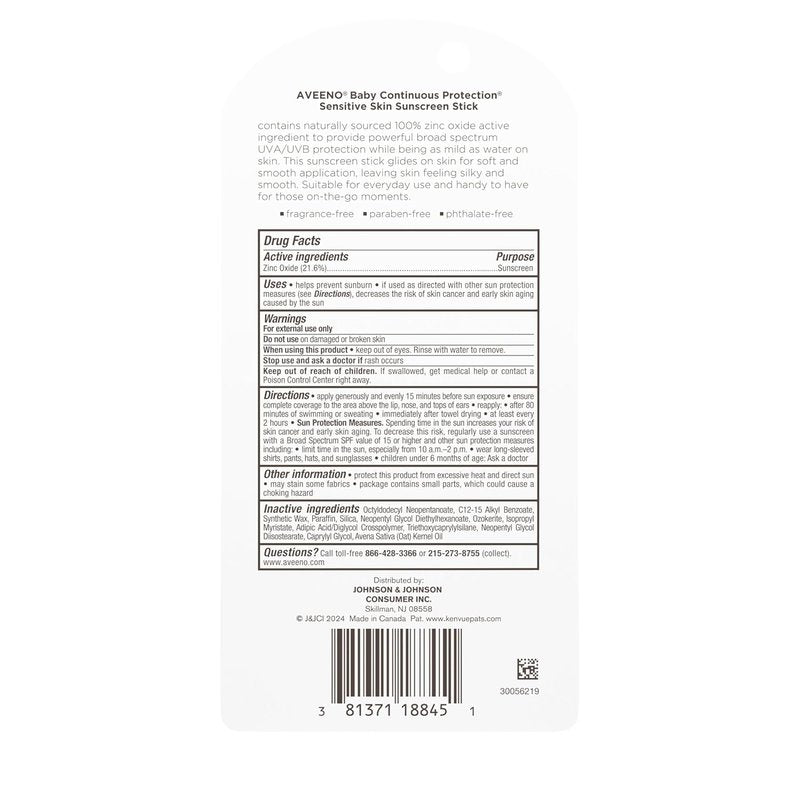 Aveeno Baby Mineral Sunscreen Stick - SPF 50 Protection for Sensitive Skin | Travel Size, 0.47 oz