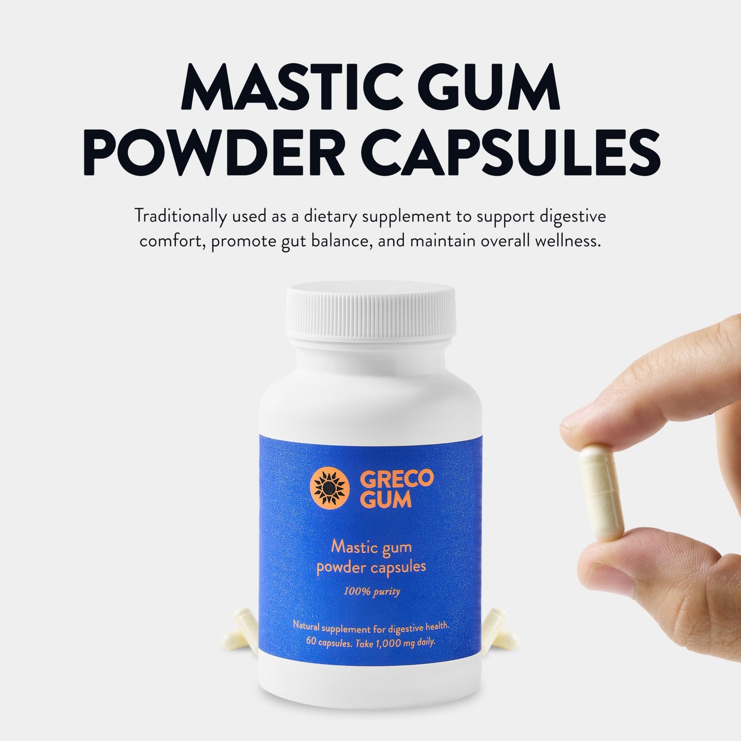 Greco Gum - Mastic Gum Capsules 500 mg – Greek Chios Mastiha Supplement for Gut Health, Digestive Support and Bloating Relief – Pure Mastic Gum Powder – Vegan, Gluten-Free, No Fillers – 60 Count