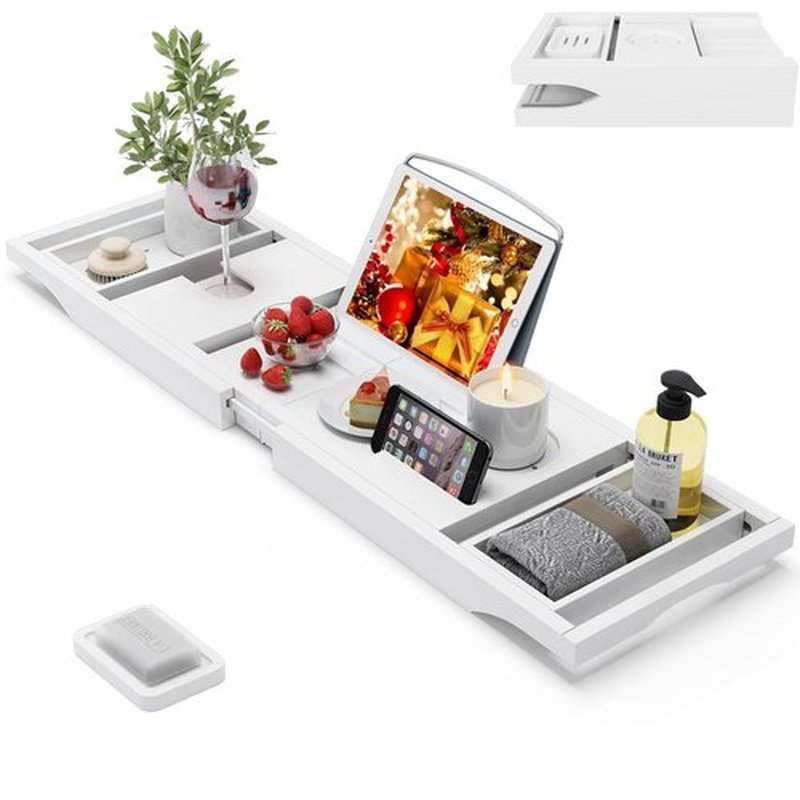 Foldable Bamboo Bathtub Caddy Tray Expandable for Luxury Bath, Bath Accessories & Table with Wine Glass Holder, Book Stand Bathroom Organizer with Extending Sides for Men/Women,White