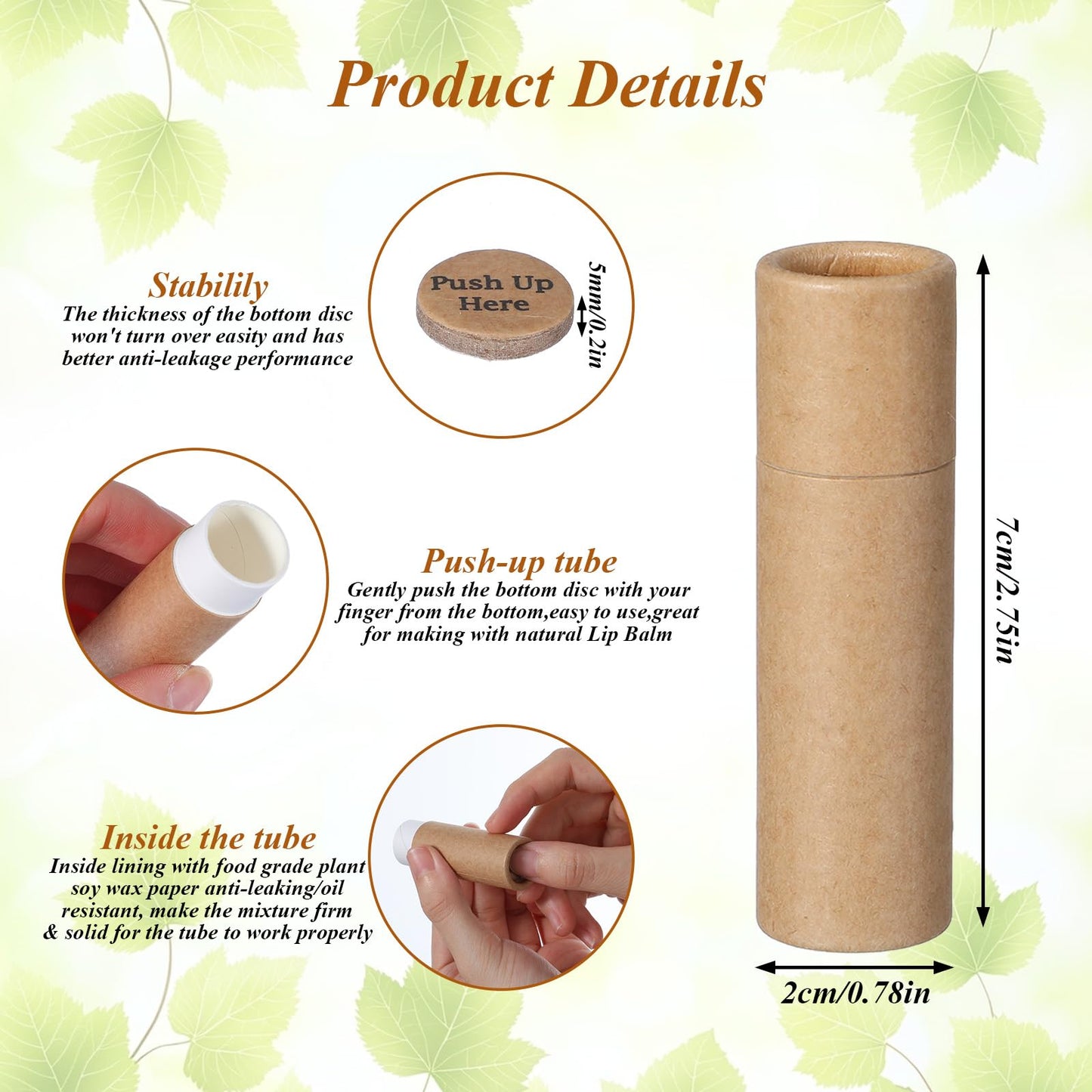 PercyEffie 20pcs 0.3oz Lip Balm Tubes Empty lip balm containers empty KraftPaperTube Holder,Push-Up Style for DIY Homemade, lips tubes bulk Natural Packaging Container- Brown