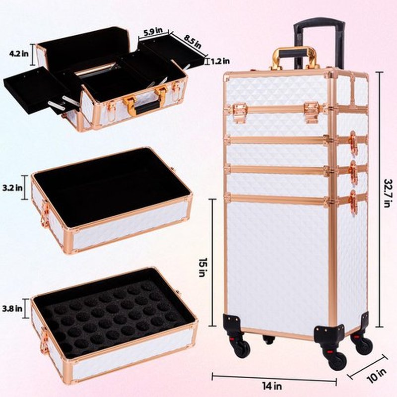 AROUS Rolling Makeup Train Case Large Storage Cosmetic Trolley 4 in 1 Large Capacity Trolley Makeup Travel Case with Key Swivel Wheels Salon Barber Case Traveling Cart Trunk, White