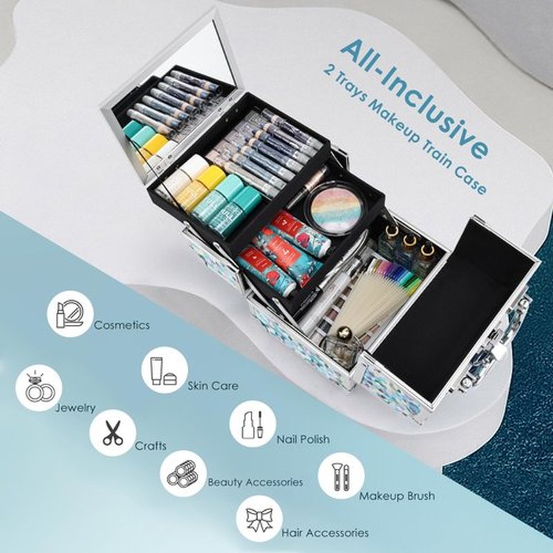 FRENESSA Makeup Train Case Cosmetic Case Organizer Portable Makeup Box 2 Trays with Mirror Makeup Organizer Case for Girls Makeup Supplies, Nail Kits, Crafts Sewing Travel Makeup Case Mosaic Puzzle