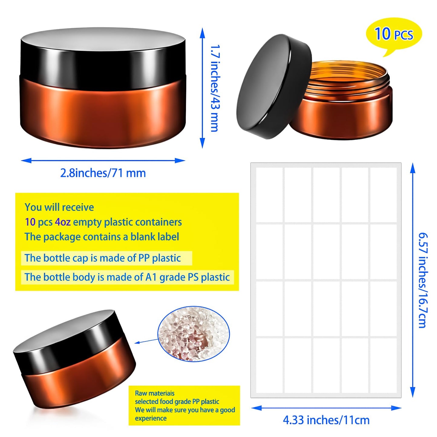 MotBach 10 Pack 4oz Plastic Jars with Lids, 120ml Round Amber Cosmetic Containers Makeup Jars,Travel Size Container Jar for Lotion Cream Eyeshadow Sample Powder Slime Ointment Salve Balm Storage