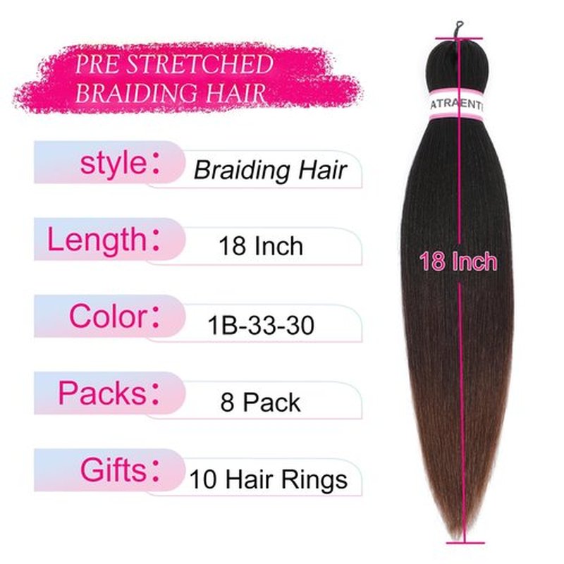ATRAENTE Braiding Hair Pre Stretched,18 Inch 8 Packs Ombre Braiding Hair for Boho Box Braids Yaki Texture Hot Water Setting Soft And Light(18"1B/33/30)