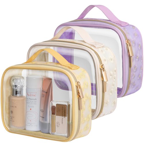 PACKISM TSA Approved Toiletry Bag - Floral Texture Lace clear Makeup Bags, Ease of Clamshell Closing, Handles and Double Zippers, 0.5 mm Thicker TSA Toiletry Bag, Multicolor