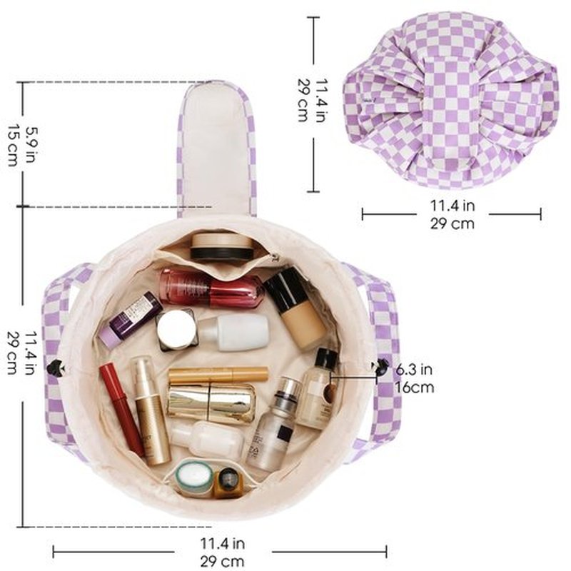 Barrel Drawstring Checkered Makeup Bag Large Cosmetic Bag Make up Bags Toiletry Organizer for Women (Purple Checkerboard) (Patent)