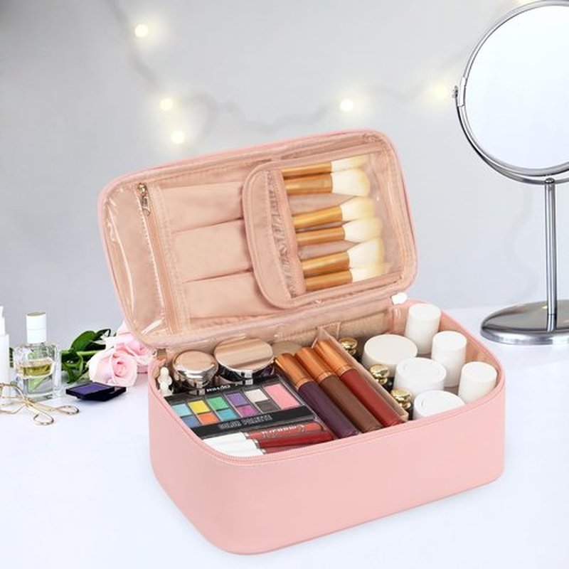 OCHEAL Makeup Bag, Travel Makeup Bag Waterproof Cosmetics Organizer Make Up Bag Case,Toiletry Bag for Women,Large Capacity for Girls Daily Use Dorm Room Storage with Dividers -Pink