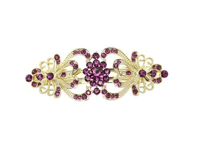 Faship Gorgeous Purple Rhinestone Crystal Hearts And Floral Hair Barrette