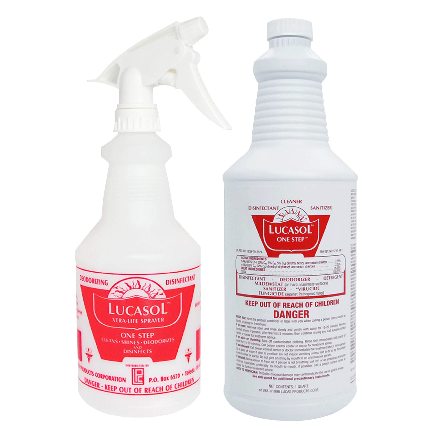 Lucasol One Step Disinfectant, 32 Fl Oz Disinfectant & 24 Oz Empty Refillable Spray Bottle Combo. Multi Purpose Cleaner Spray For Hospitals, Schools, Salons, Household Cleaning And More